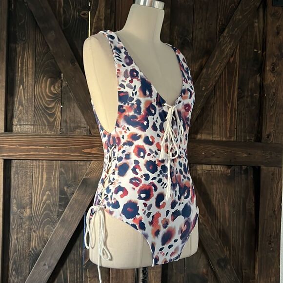 Aila Blue swimsuit with lace up tie side waist and front Sz- Medium - Picture 3 of 7